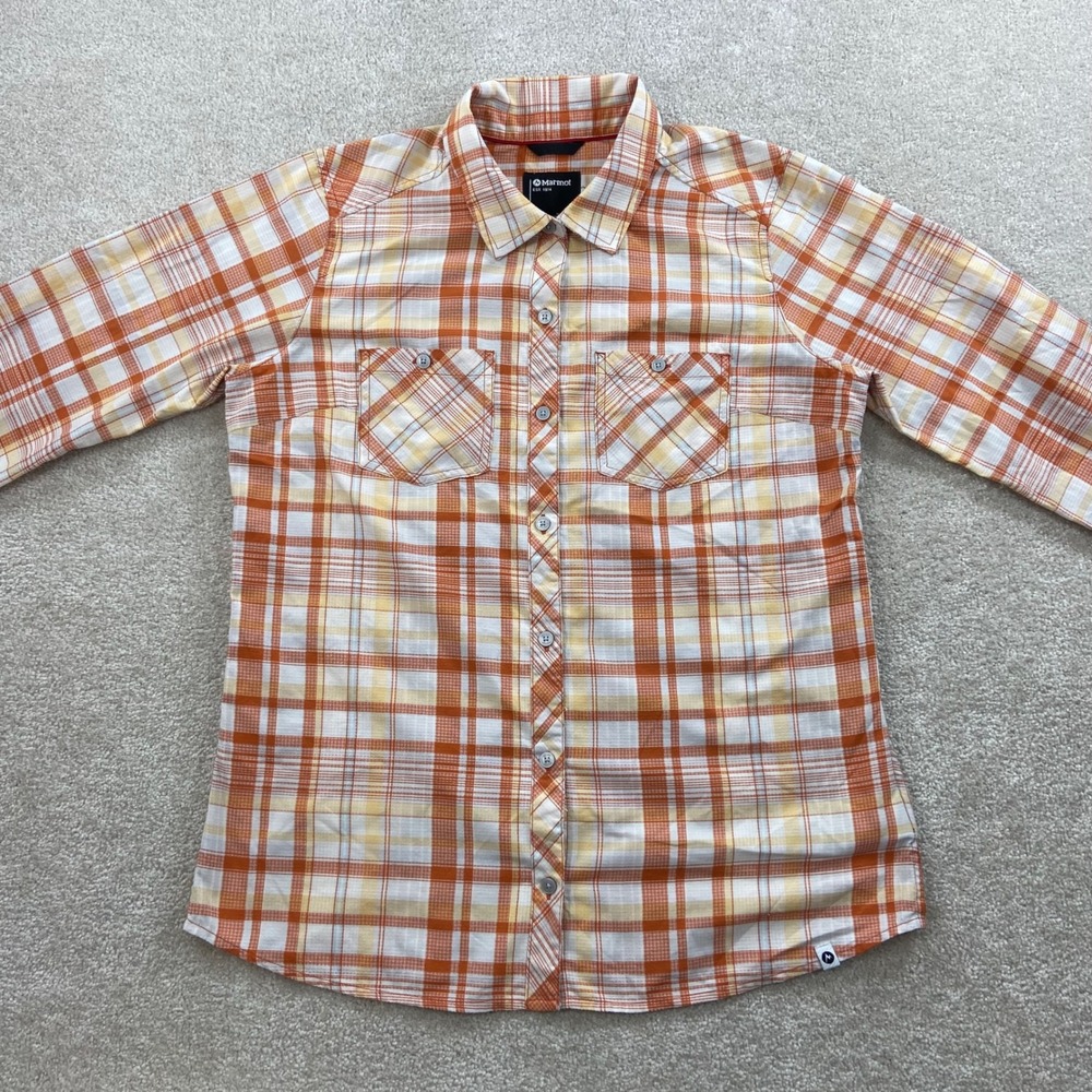 Marmot Plaid Button Down Shirt Womens L Orange Yellow Hiking Outdoor Top - Picture 3 of 14
